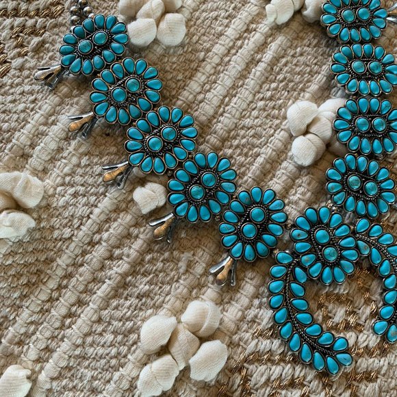 New Full Squash Blossom Natural Turquoise Stone Silver Western Necklace - Picture 2 of 6